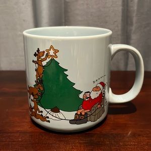 Vintage Russ Berrie Santa Sleeping Reindeer Decorating Coffee Mug Blue